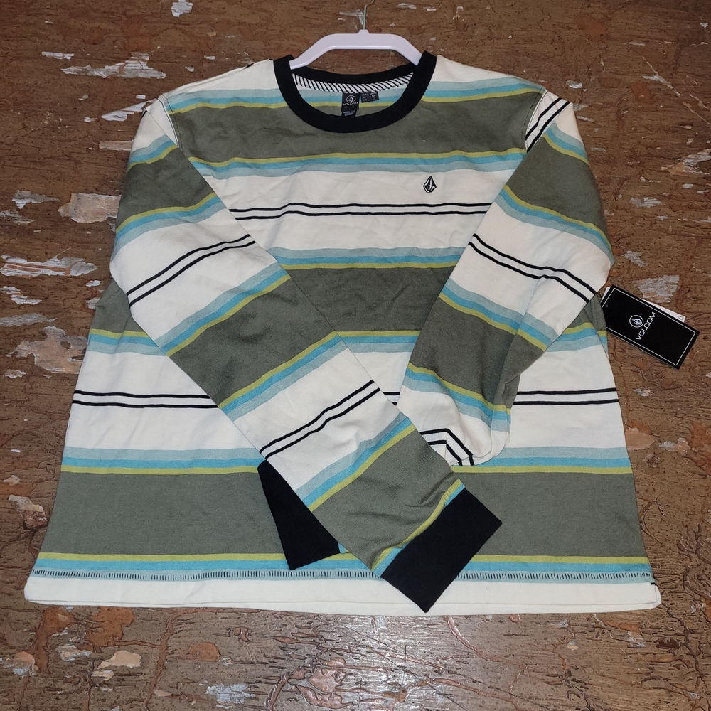 Volcom Green and White Striped Long Sleeve Tee